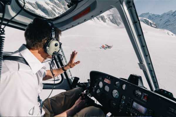 Mount cook ski plane on the glacier from inside a helicopter